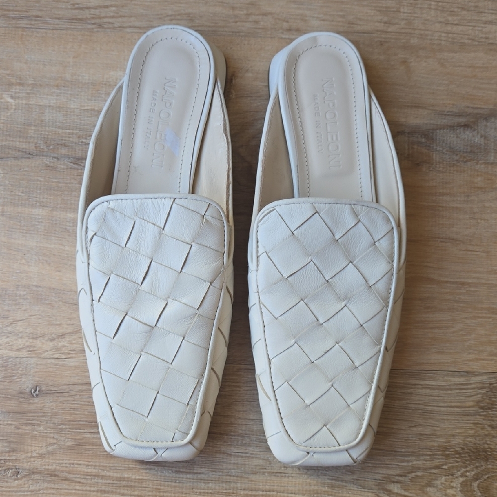 Napoleoni White Woven Leather Square Toe Flat Mules Sz EU 39